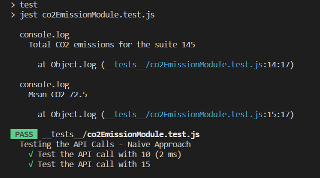 Mean and total CO2 Emissions are logged in the console