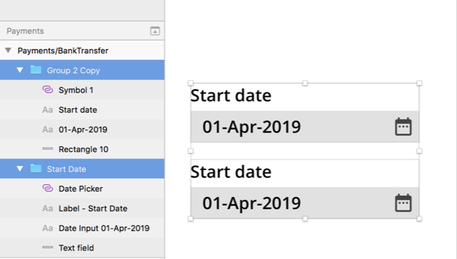 Example of non-descriptive (top) vs. descriptive (bottom) names for layers/ group of layers in Sketch